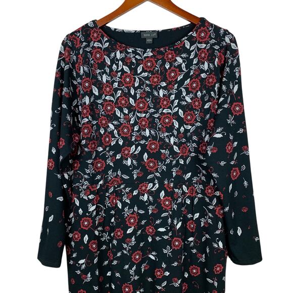 J Jill Wearever Collection Dress Black Red Floral Long Sleeve Stretchy Women's L - Picture 2 of 9